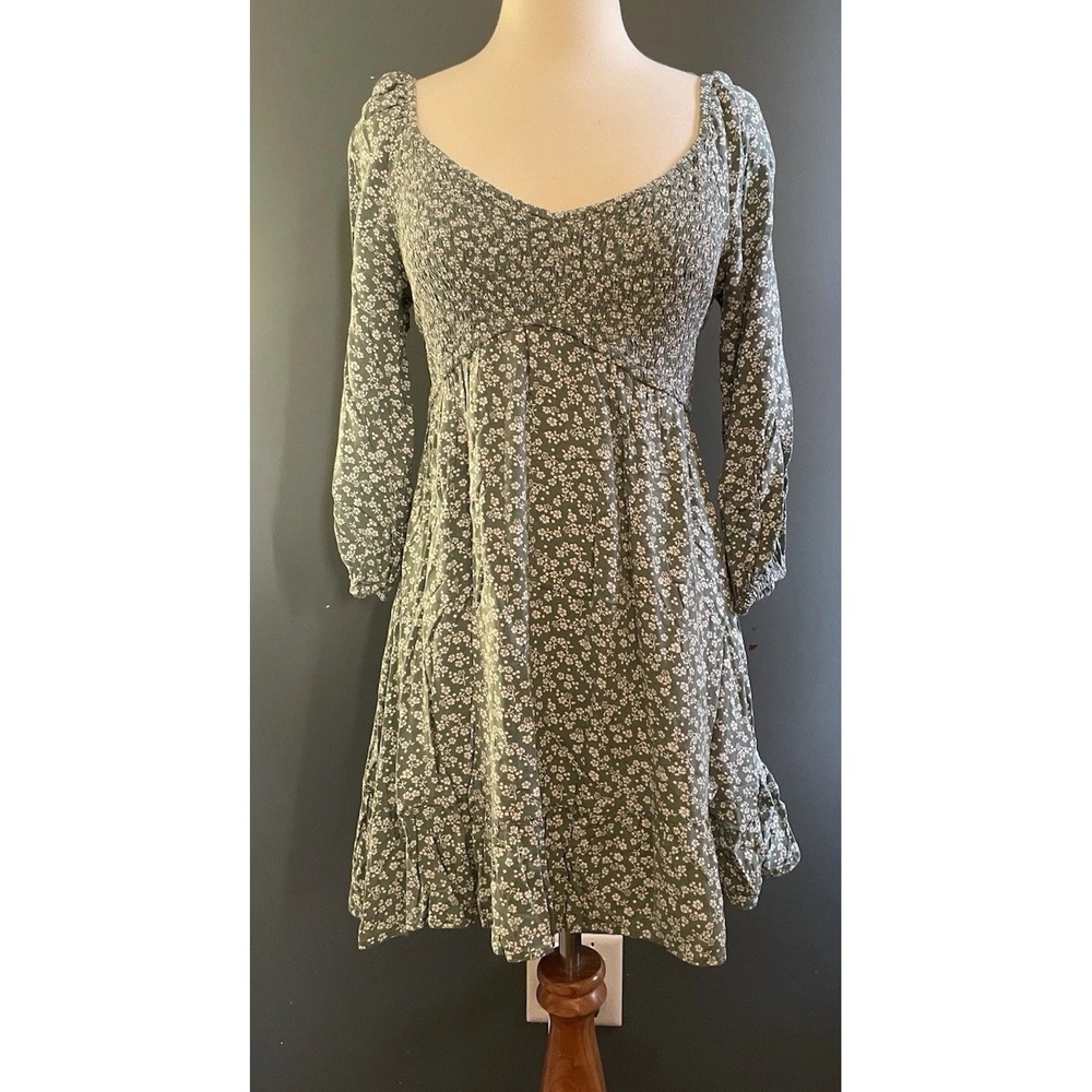 Hollister Smocked Floral Print Long Sleeve Mini Dress Green Size S